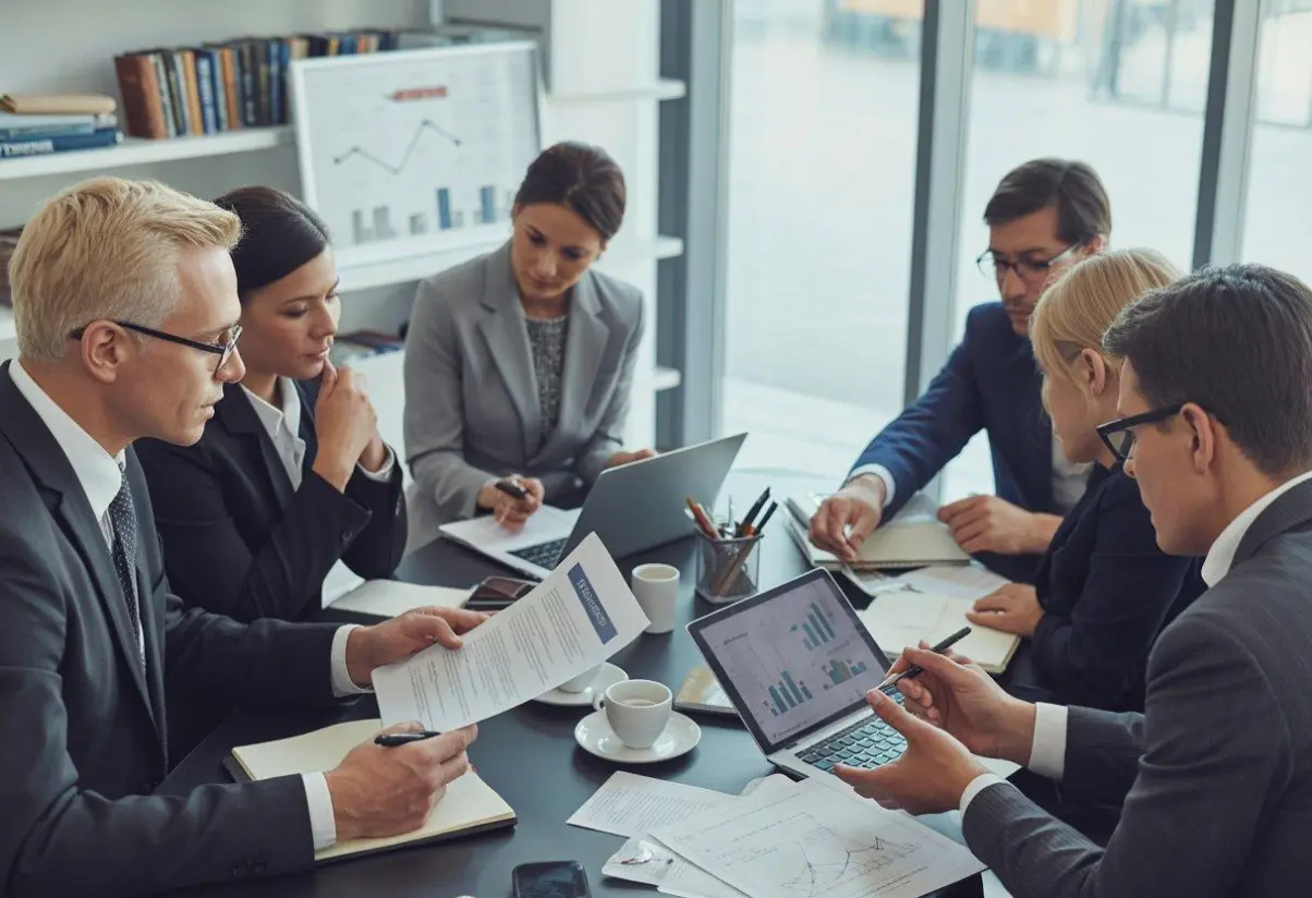 Equipo empresarial analizando información, gráficas y procesos durante una reunión